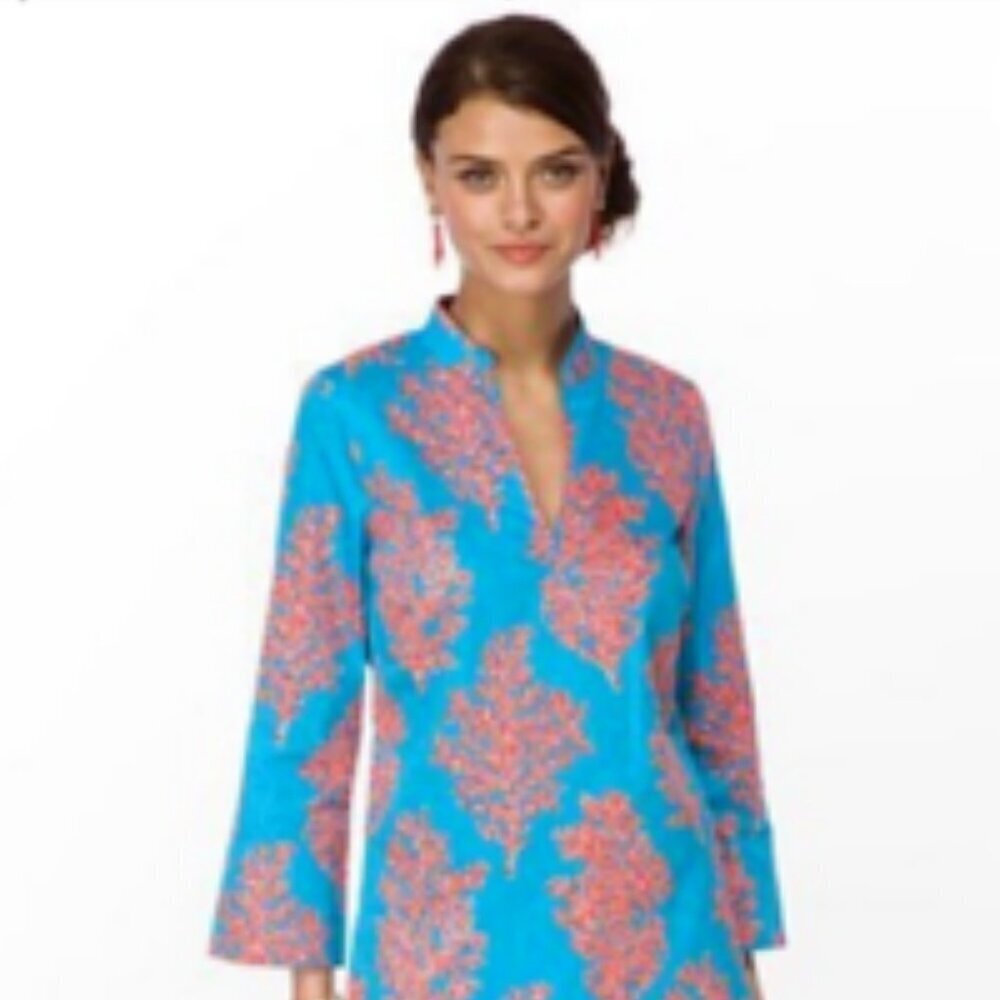 Lilly Pulitzer 100% Cotton Top Blouse Resortwear Turquoise Coral Siesta Medium